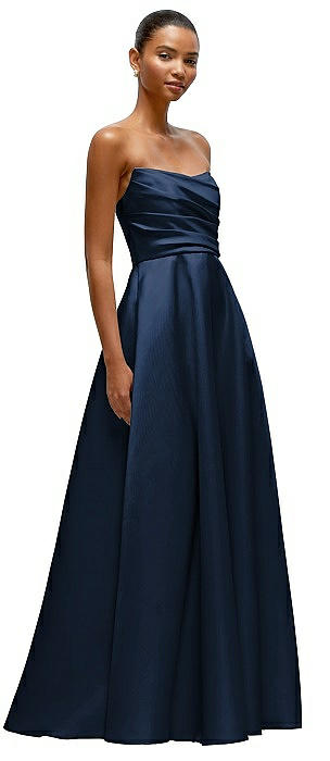 Strapless Draped Cat-Eye Satin Maxi Dress with Full Skirt