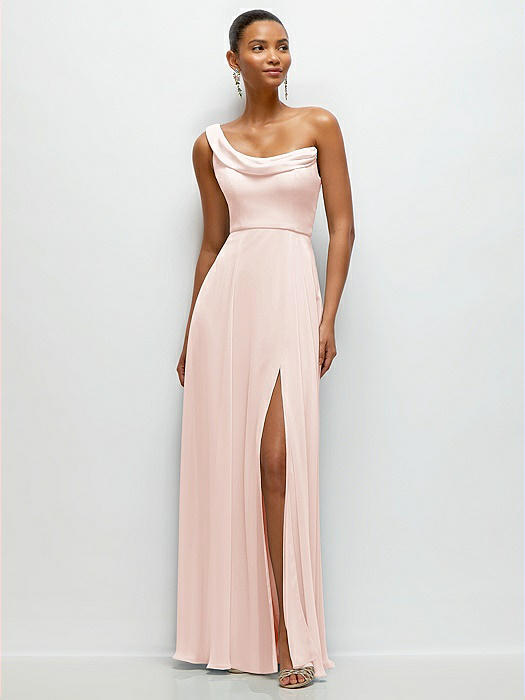 Chiffon One-Shoulder Maxi Dress with Draped Cowl Neckline