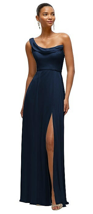 Chiffon One-Shoulder Maxi Dress with Draped Cowl Neckline