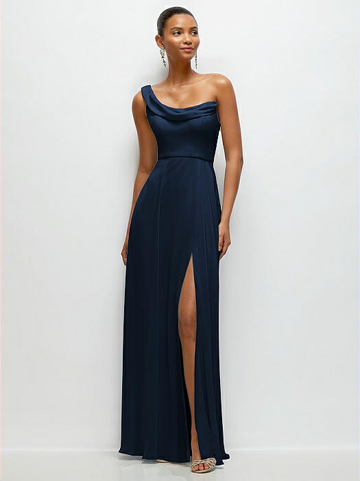 Chiffon One-Shoulder Maxi Dress with Draped Cowl Neckline