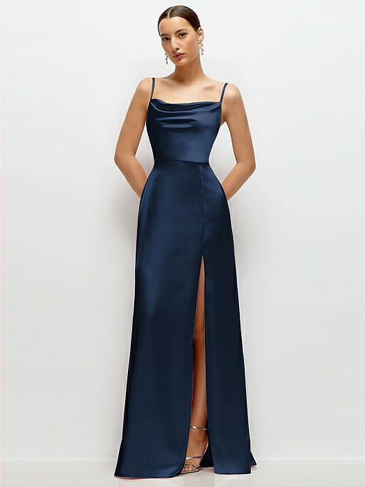 Cowl Neck Satin Maxi Dress with Adjustable Spaghetti Straps