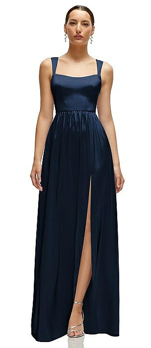 Shaped Strap Portrait Neckline Fluid Satin Maxi Dress with Full Skirt