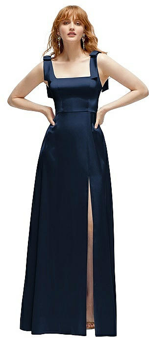 Square Neck Fluid Satin Maxi Dress with Bow Straps 