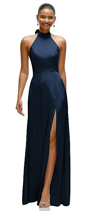 Band Collar Halter Open Back Fluid Satin Maxi Dress with Self-Tie Bow