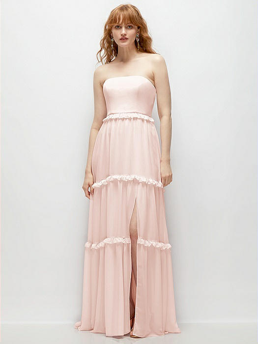 Strapless Chiffon Maxi Dress with Tiered Micro Ruffle Full Skirt