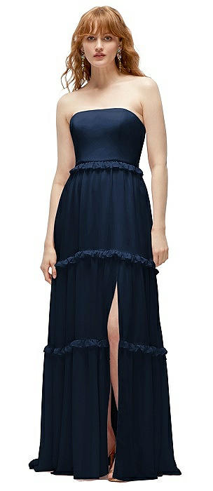 Strapless Chiffon Maxi Dress with Tiered Micro Ruffle Full Skirt