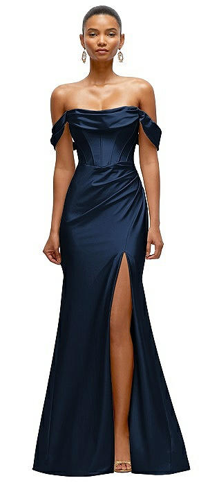 Cowl Neck Off-the-Shoulder Stretch Satin Fit and Flare Corset Maxi Dress