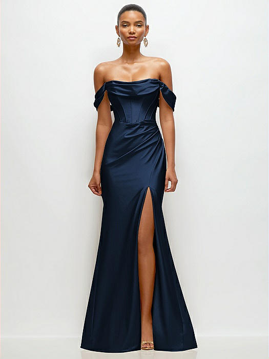 Cowl Neck Off-the-Shoulder Stretch Satin Fit and Flare Corset Maxi Dress