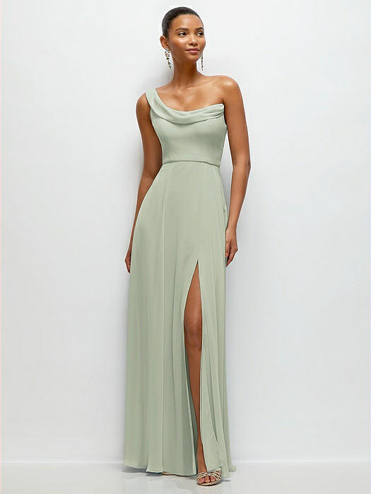 Chiffon One-Shoulder Maxi Dress with Draped Cowl Neckline