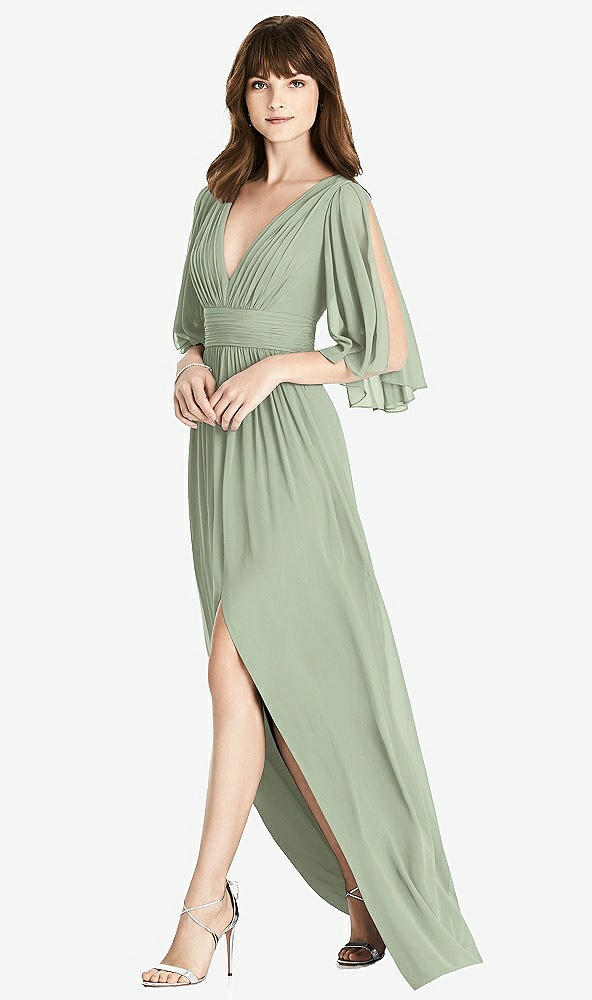 Front View - Sage Split Sleeve Backless Chiffon Maxi Dress