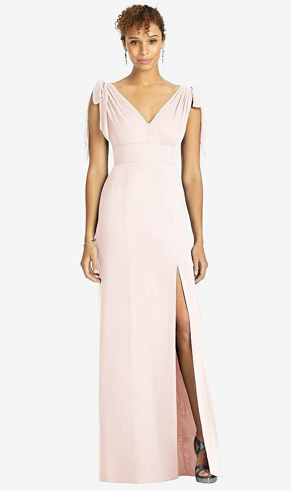 Front View - Blush Bow-Shoulder Sleeveless Deep V-Back Mermaid Dress