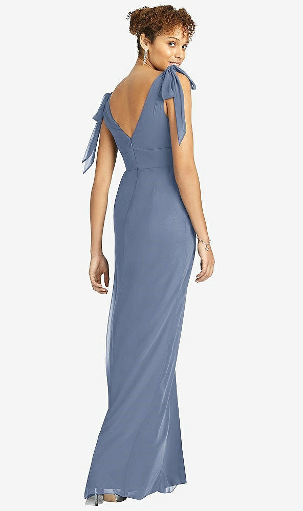 Back View - Larkspur Blue Bow-Shoulder Sleeveless Deep V-Back Mermaid Dress