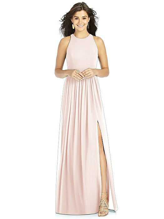 Shirred Skirt Jewel Neck Halter Dress with Front Slit