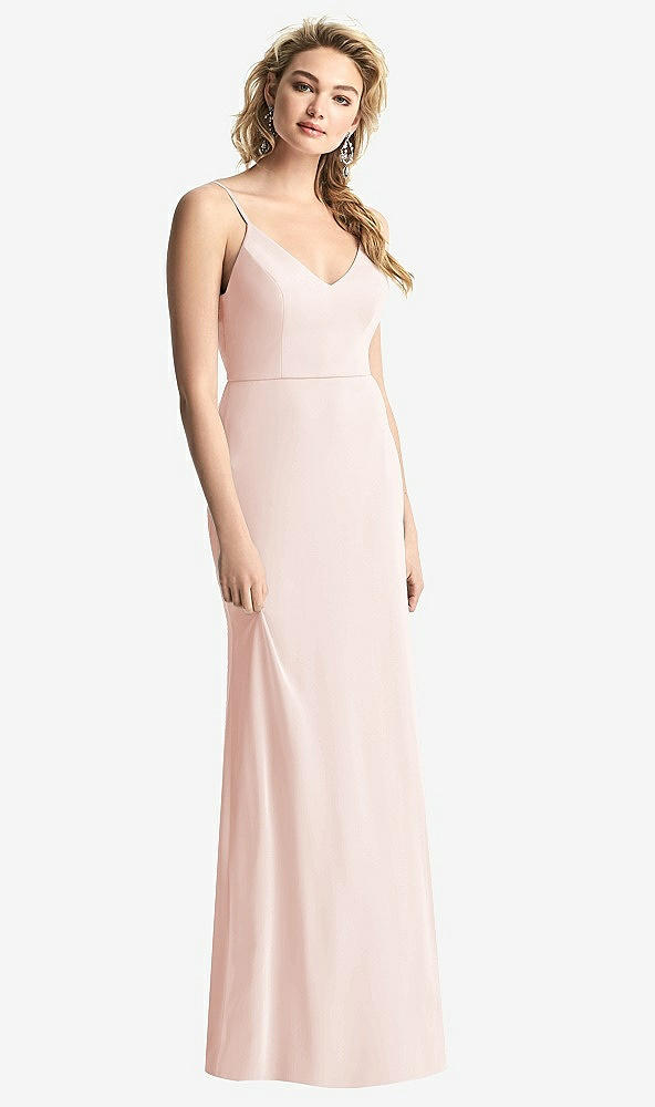 Back View - Blush Shirred Sash Cowl-Back Chiffon Trumpet Gown