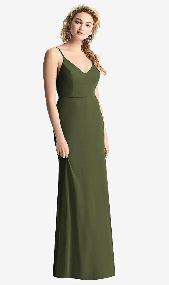 Back View - Olive Green Shirred Sash Cowl-Back Chiffon Trumpet Gown