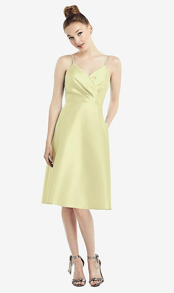 Front View - Butter Yellow Draped Faux Wrap Cocktail Dress with Pockets