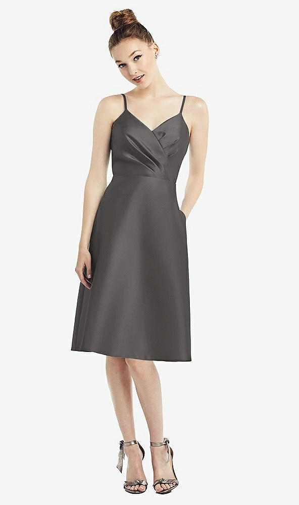 Front View - Caviar Gray Draped Faux Wrap Cocktail Dress with Pockets