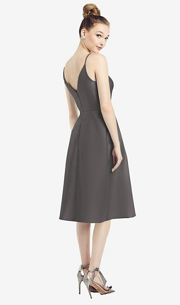 Back View - Caviar Gray Draped Faux Wrap Cocktail Dress with Pockets