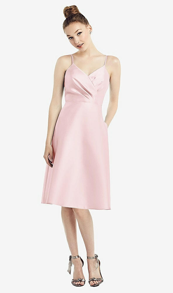 Front View - Ballet Pink Draped Faux Wrap Cocktail Dress with Pockets