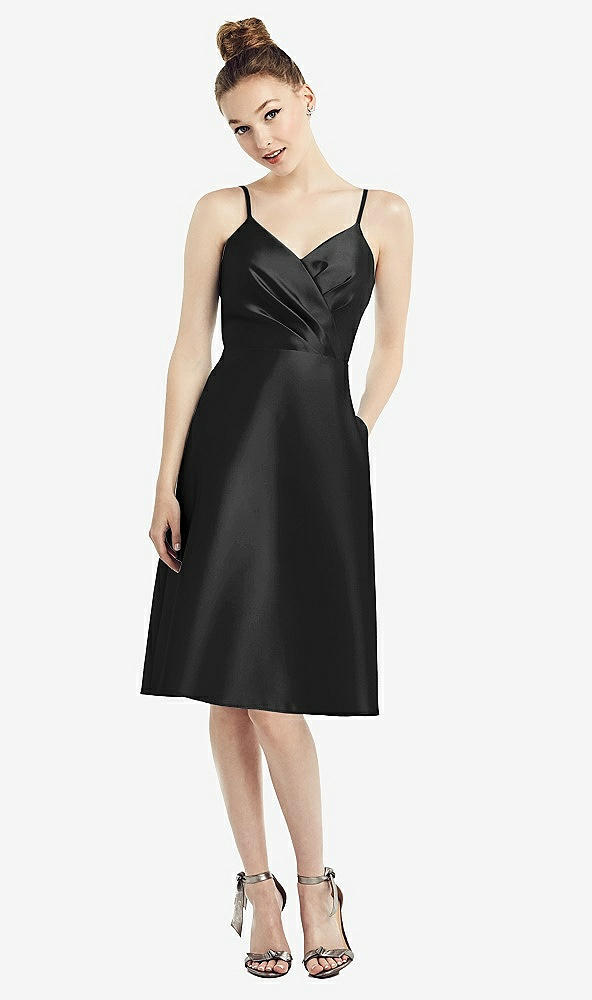 Front View - Black Draped Faux Wrap Cocktail Dress with Pockets