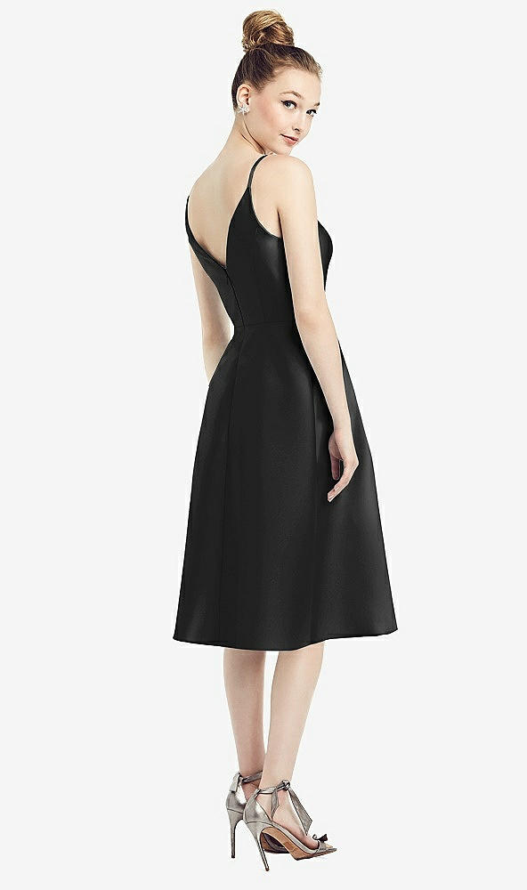 Back View - Black Draped Faux Wrap Cocktail Dress with Pockets