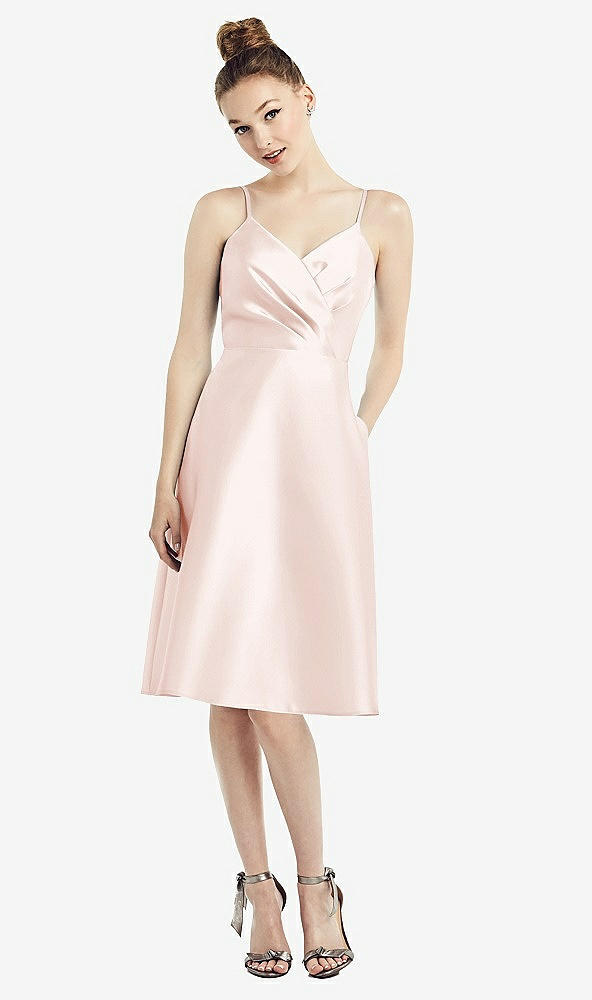 Front View - Blush Draped Faux Wrap Cocktail Dress with Pockets