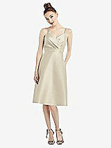 Front View Thumbnail - Champagne Draped Faux Wrap Cocktail Dress with Pockets