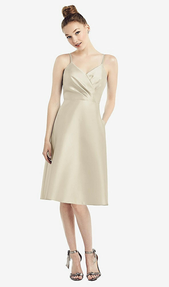 Front View - Champagne Draped Faux Wrap Cocktail Dress with Pockets