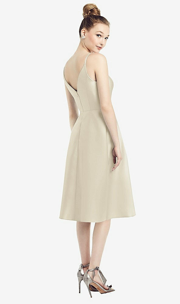 Back View - Champagne Draped Faux Wrap Cocktail Dress with Pockets