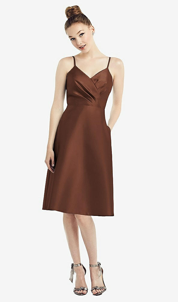 Front View - Cognac Draped Faux Wrap Cocktail Dress with Pockets