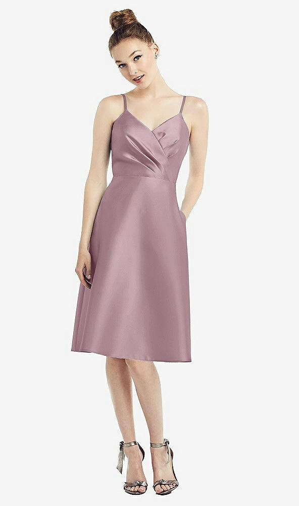 Front View - Dusty Rose Draped Faux Wrap Cocktail Dress with Pockets