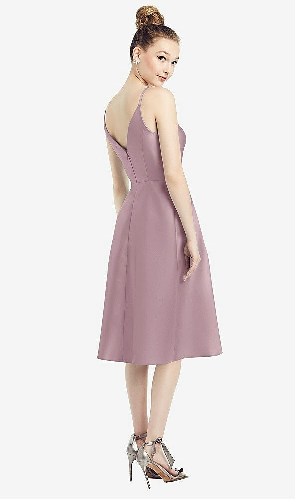 Back View - Dusty Rose Draped Faux Wrap Cocktail Dress with Pockets