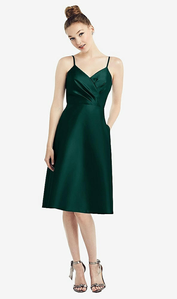 Front View - Evergreen Draped Faux Wrap Cocktail Dress with Pockets