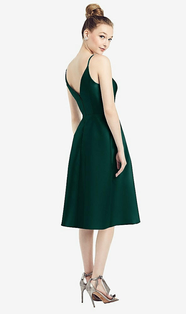 Back View - Evergreen Draped Faux Wrap Cocktail Dress with Pockets