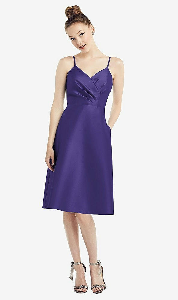 Front View - Grape Draped Faux Wrap Cocktail Dress with Pockets