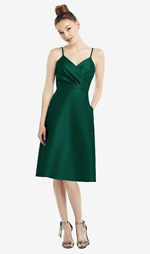 Front View - Hunter Green Draped Faux Wrap Cocktail Dress with Pockets