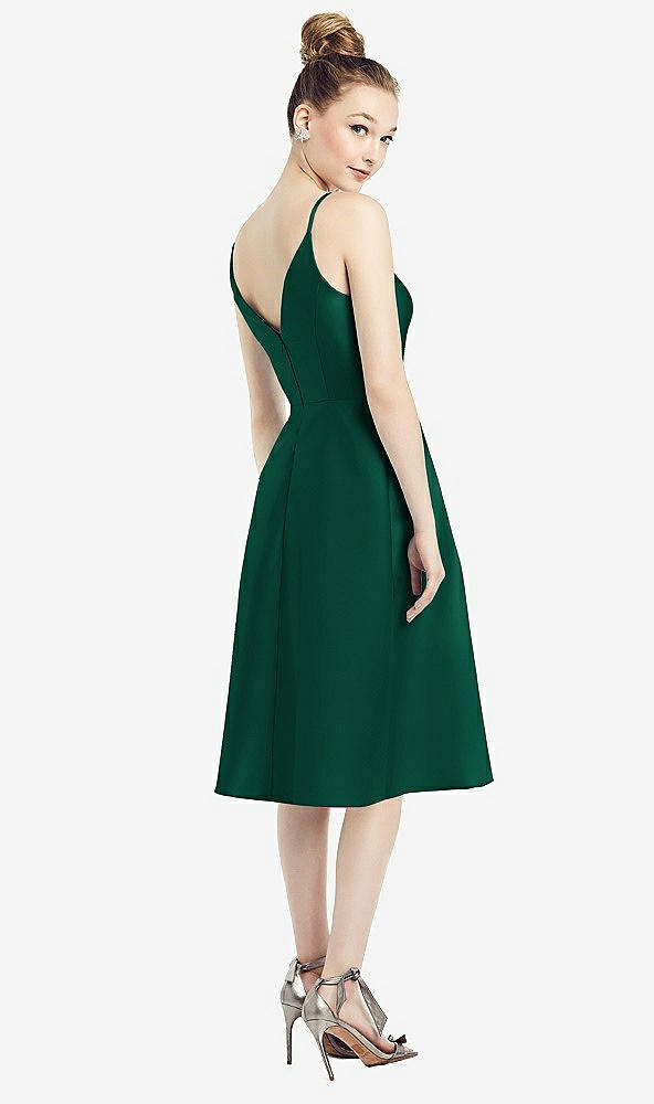 Back View - Hunter Green Draped Faux Wrap Cocktail Dress with Pockets