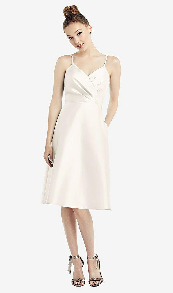 Front View - Ivory Draped Faux Wrap Cocktail Dress with Pockets