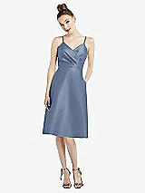 Front View Thumbnail - Larkspur Blue Draped Faux Wrap Cocktail Dress with Pockets