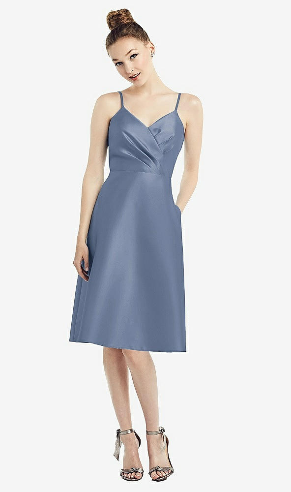 Front View - Larkspur Blue Draped Faux Wrap Cocktail Dress with Pockets