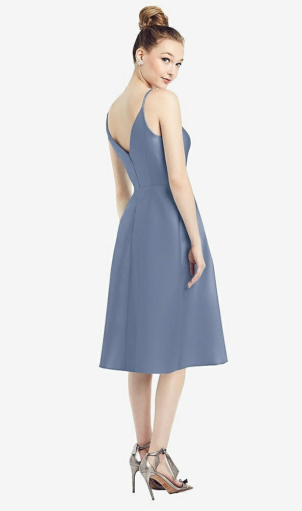 Back View - Larkspur Blue Draped Faux Wrap Cocktail Dress with Pockets