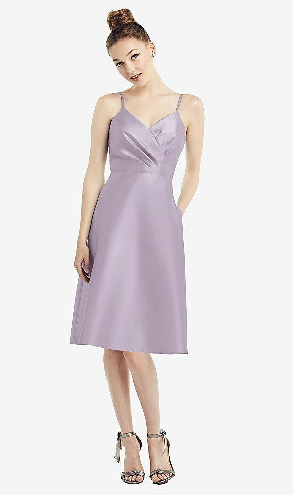 Front View - Lilac Haze Draped Faux Wrap Cocktail Dress with Pockets