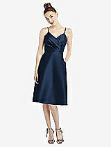 Front View Thumbnail - Midnight Navy Draped Faux Wrap Cocktail Dress with Pockets