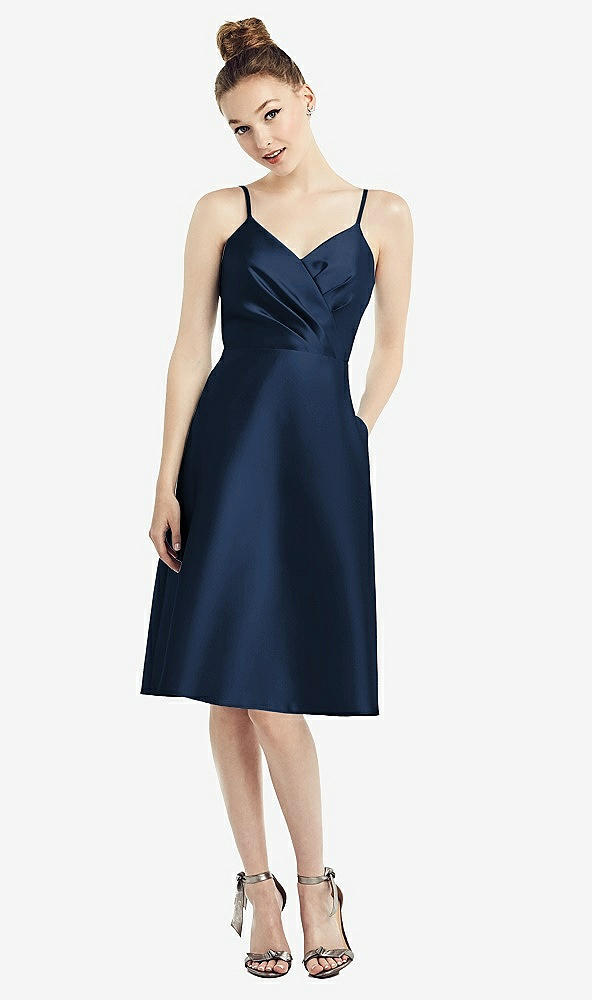 Front View - Midnight Navy Draped Faux Wrap Cocktail Dress with Pockets