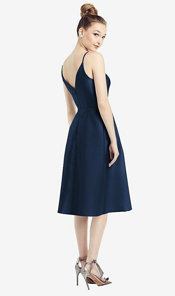 Back View - Midnight Navy Draped Faux Wrap Cocktail Dress with Pockets