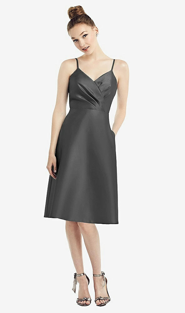 Front View - Pewter Draped Faux Wrap Cocktail Dress with Pockets