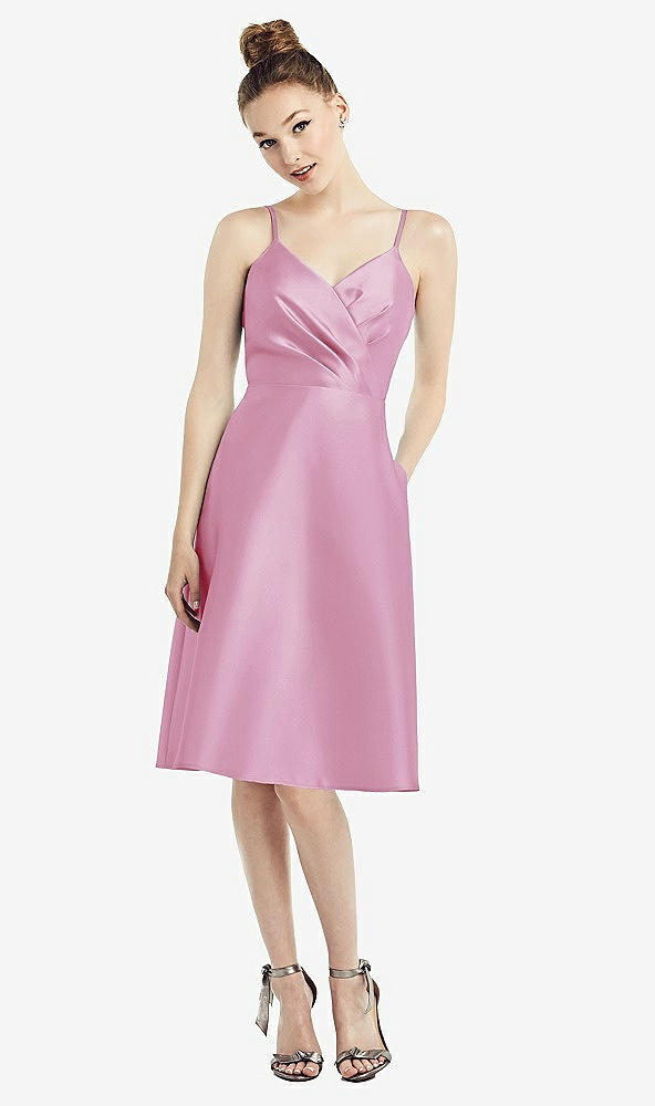 Front View - Powder Pink Draped Faux Wrap Cocktail Dress with Pockets