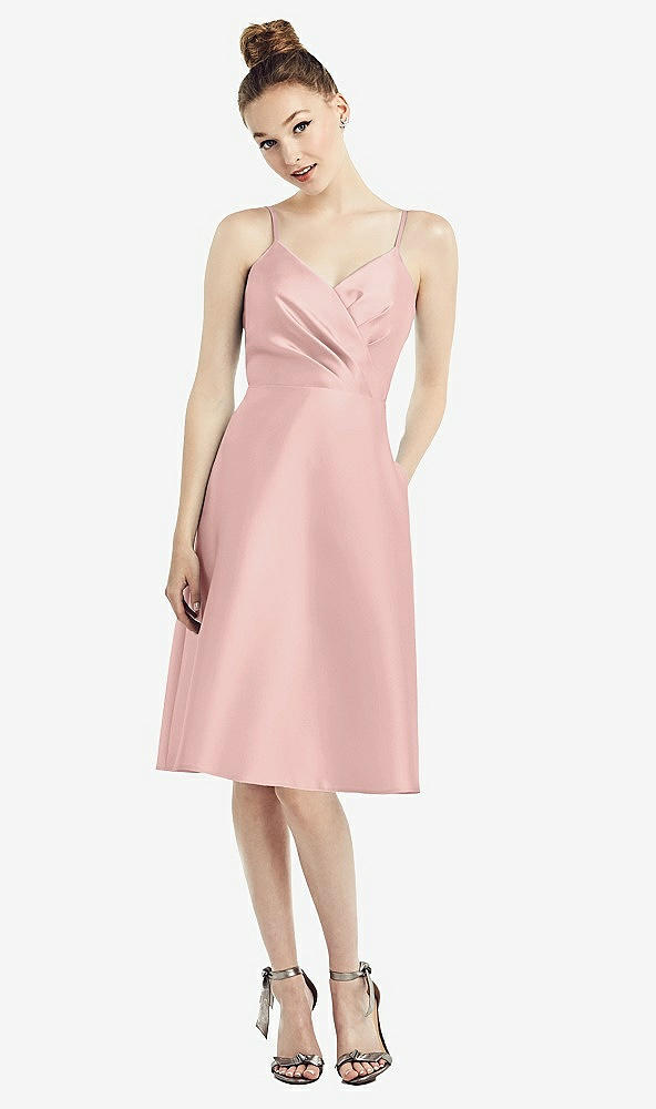 Front View - Rose Draped Faux Wrap Cocktail Dress with Pockets