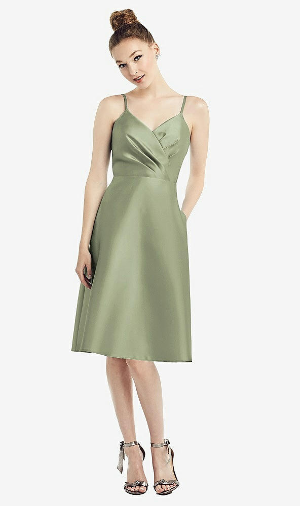 Front View - Sage Draped Faux Wrap Cocktail Dress with Pockets