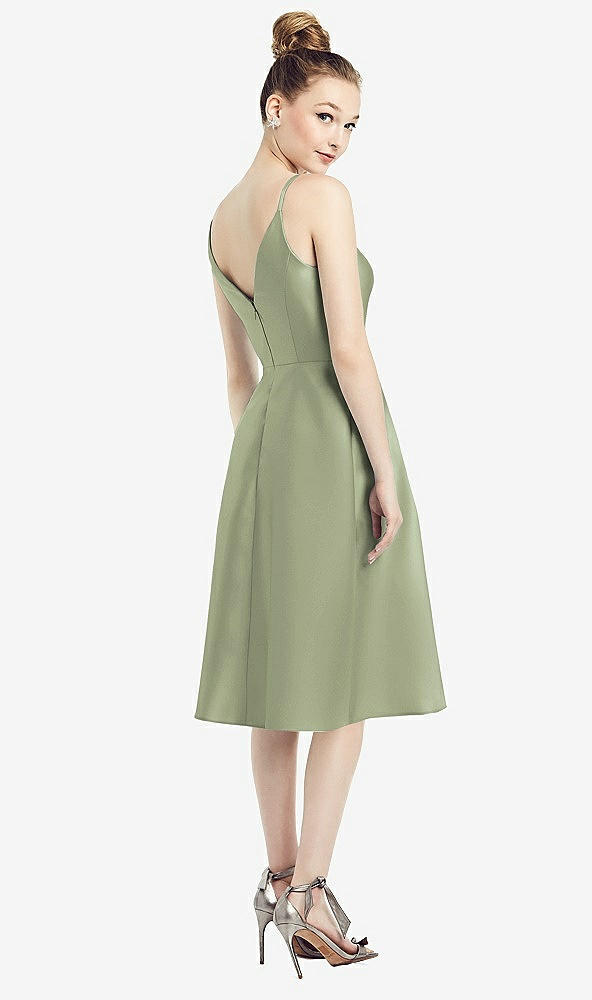 Back View - Sage Draped Faux Wrap Cocktail Dress with Pockets